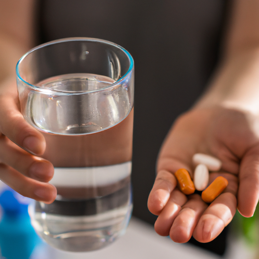 Person taking immune support supplements with water and vitamin bottles in the background