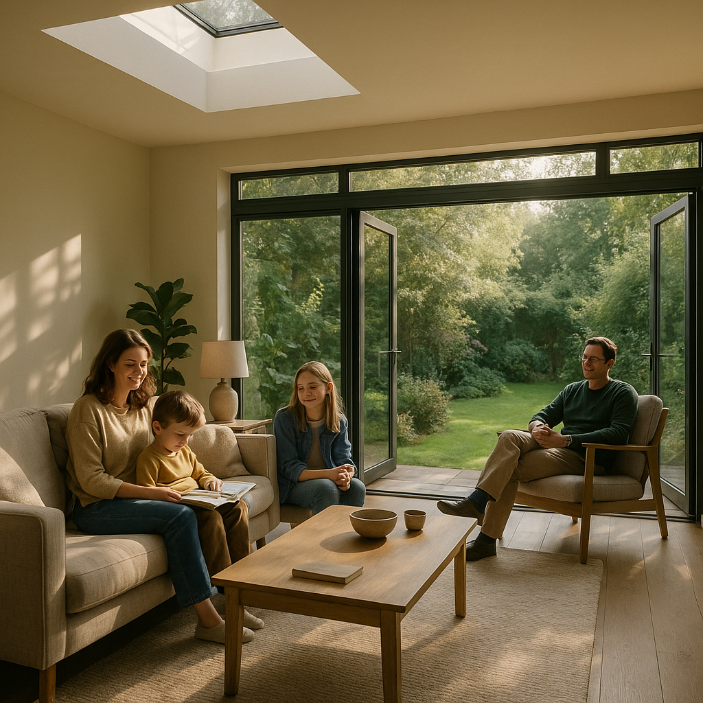 Bright living room showcasing natural light home design with large windows connecting to a green garden