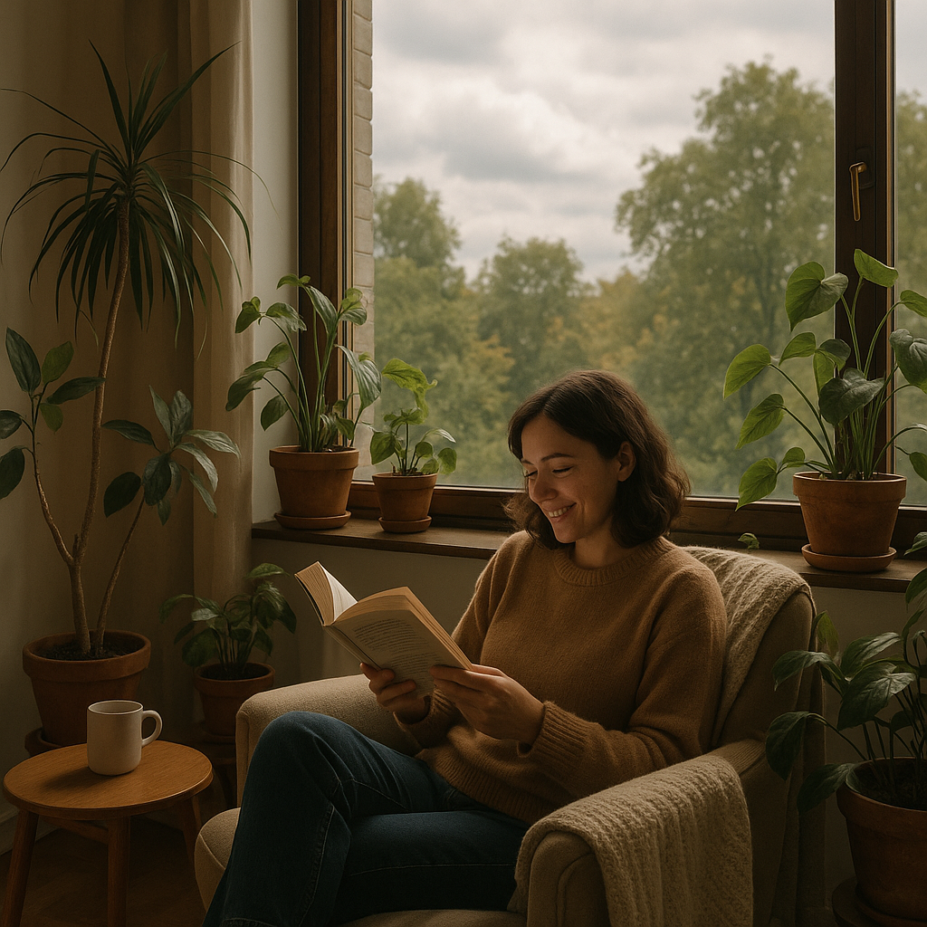 Reading corner that highlights natural light home design with views of trees and sky