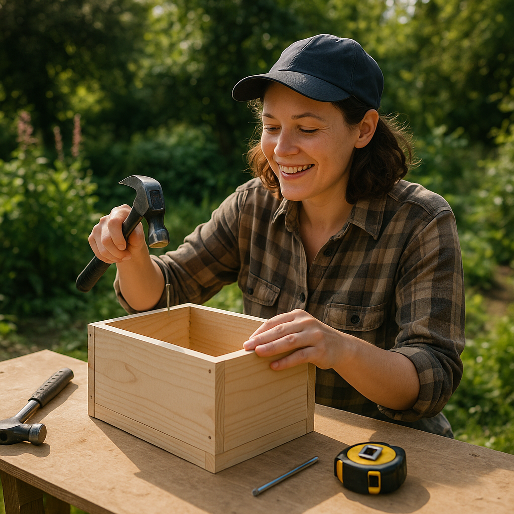 Person building a planter box in the garden as one of several outdoor woodworking projects for beginners.