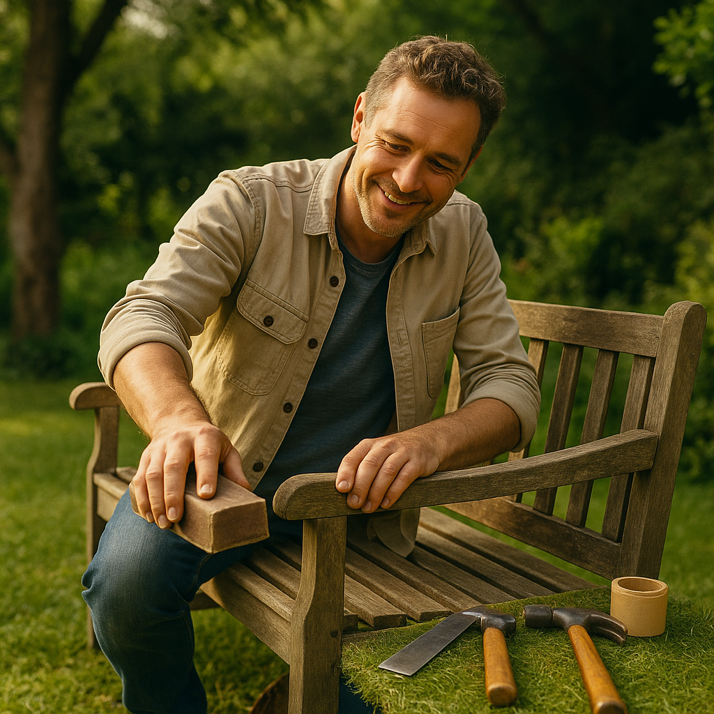 Rustic bench being finished in a garden, showing outdoor woodworking projects for beginners in a natural setting.