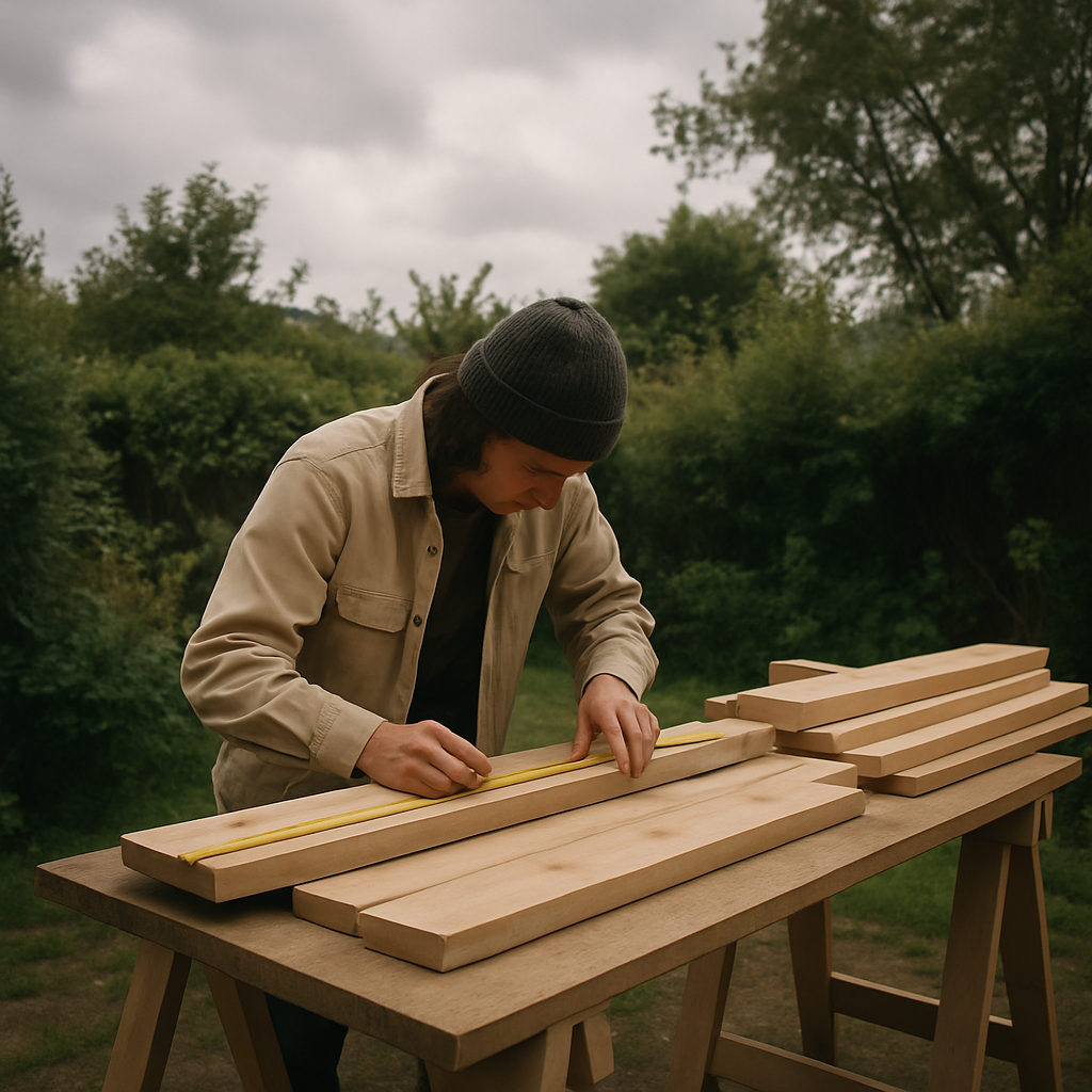 Simple garden workspace set up for outdoor woodworking projects for beginners among trees and greenery.