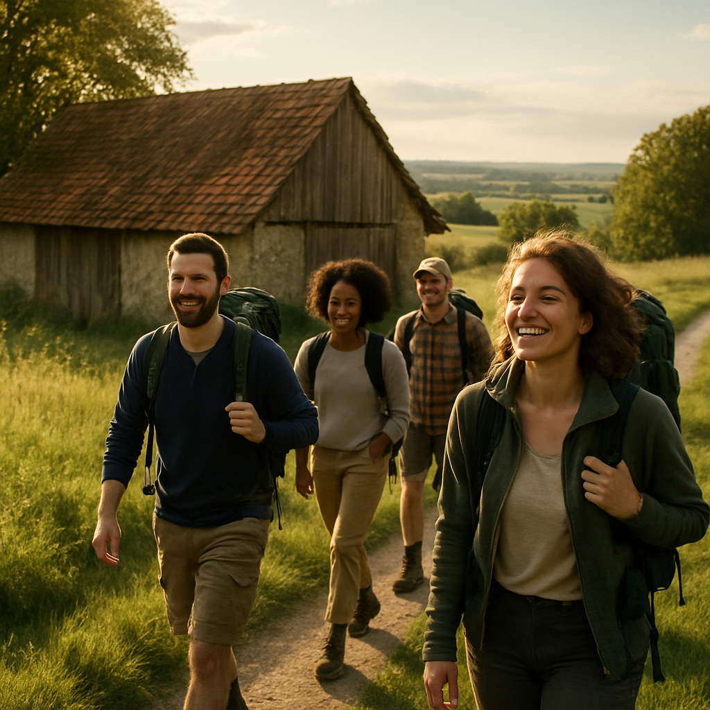 Hikers enjoying a rural trail while staying aware of outdoor asbestos exposure near an old farm building.