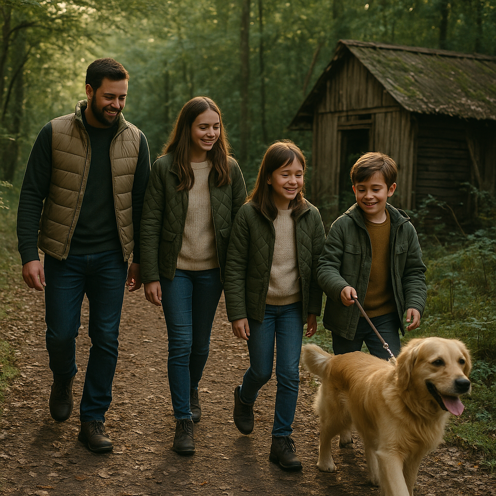 Family on a woodland walk learning about outdoor asbestos exposure around old sheds and structures.