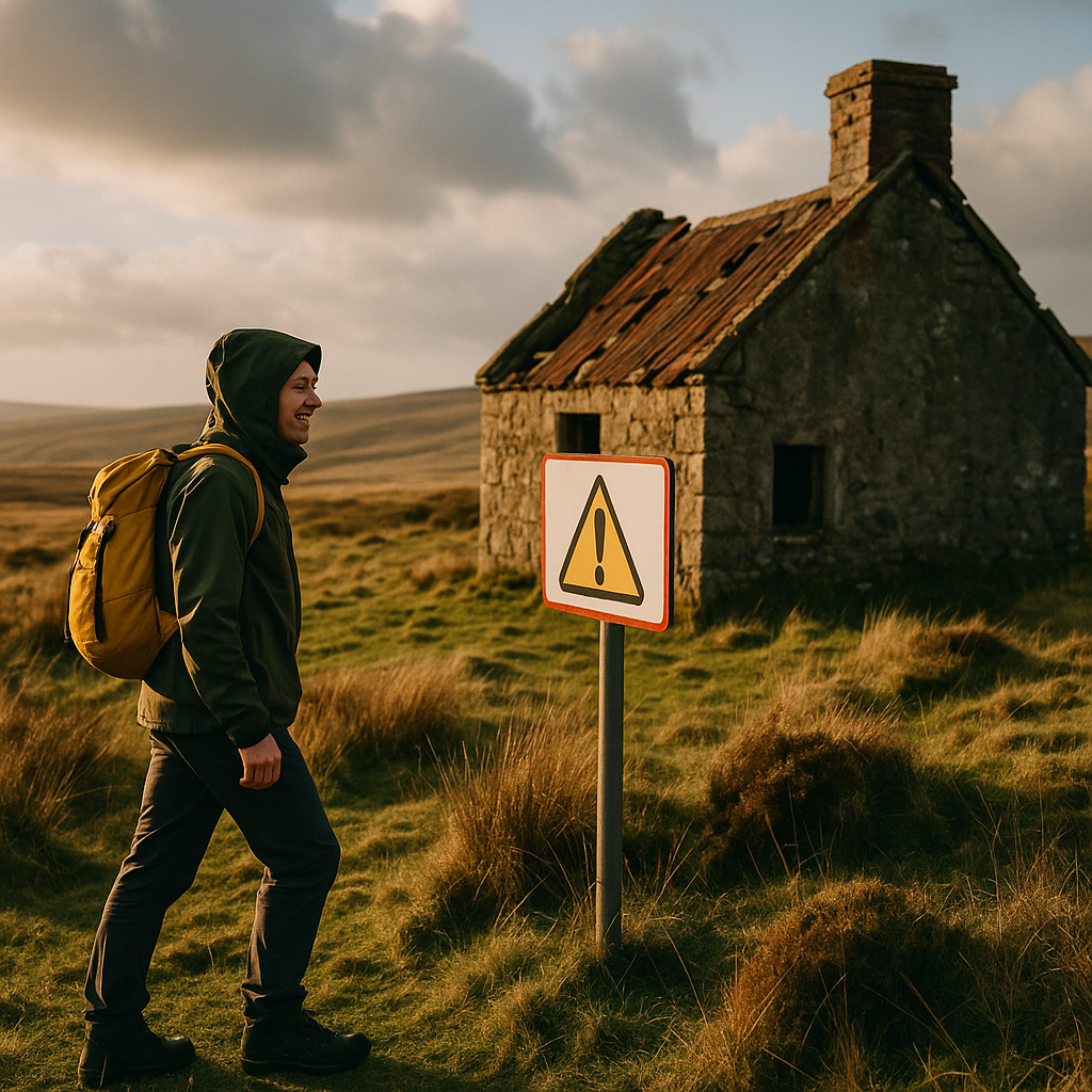 Walker reading a safety sign about outdoor asbestos exposure beside a derelict rural building.