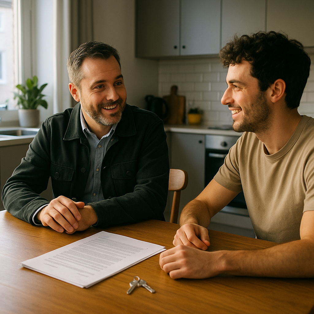 Landlord and tenant discussing ethical landlord practices in a modern rented kitchen