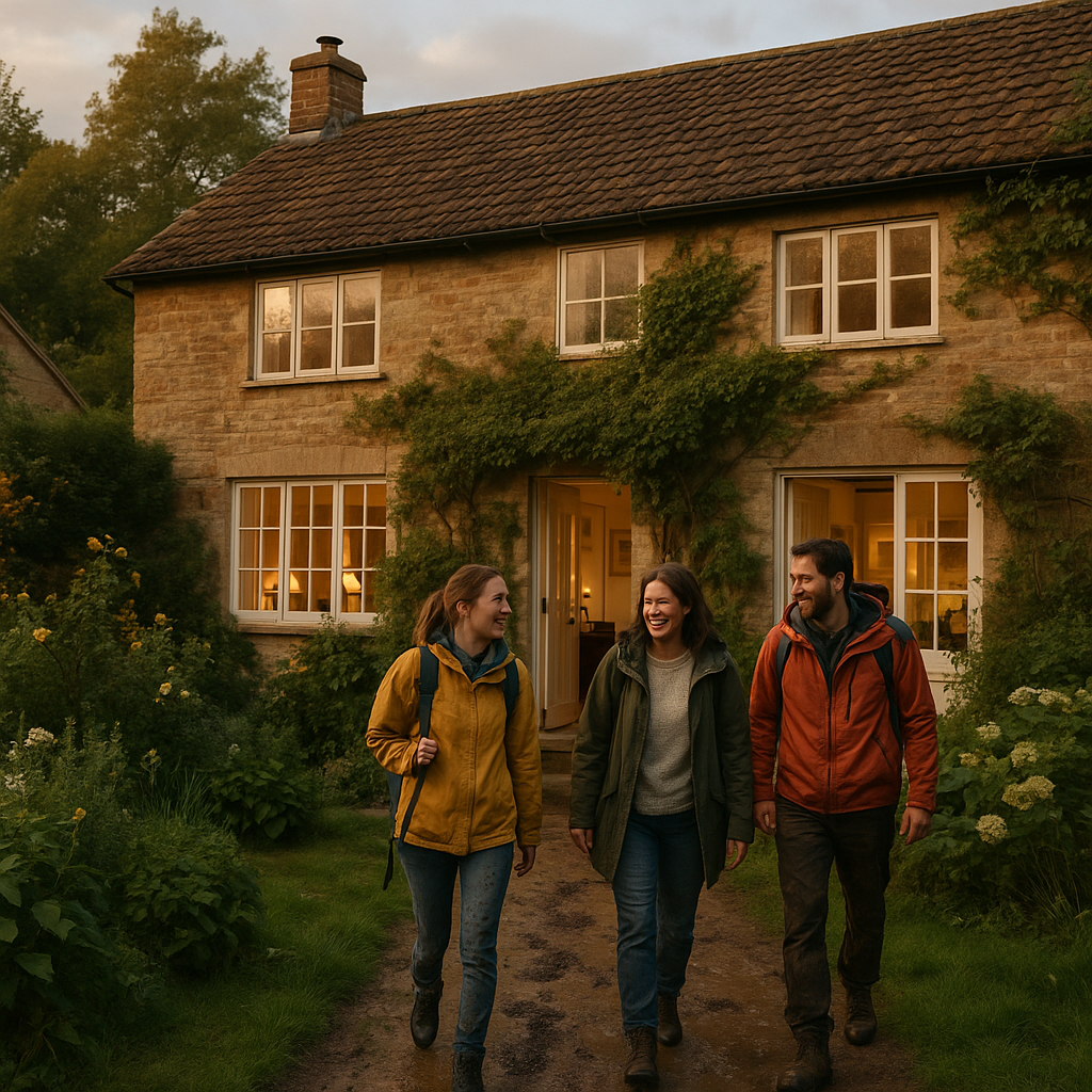 Family arriving at a countryside house designed as one of many greener homes with a lush garden and muddy hiking boots outside.