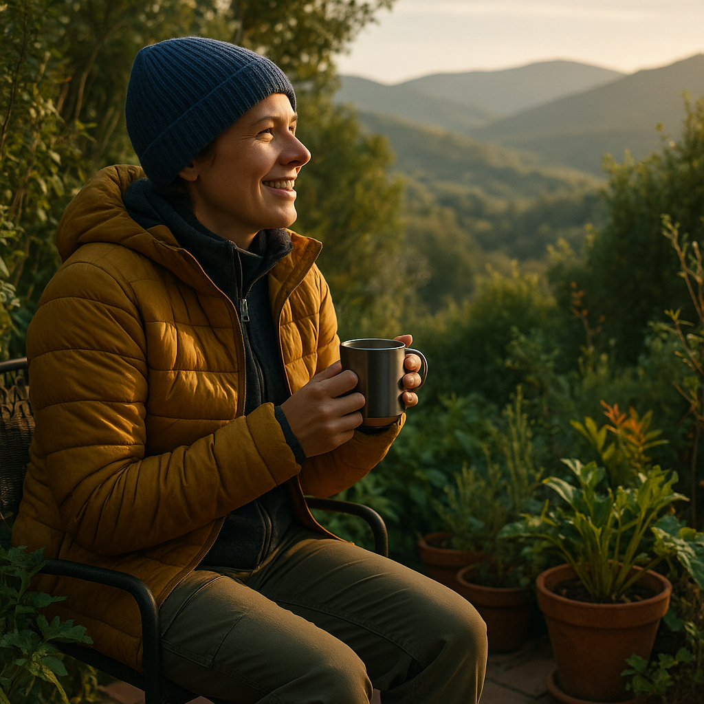 Hiker relaxing on a patio of one of several greener homes, surrounded by plants and views of rolling hills.