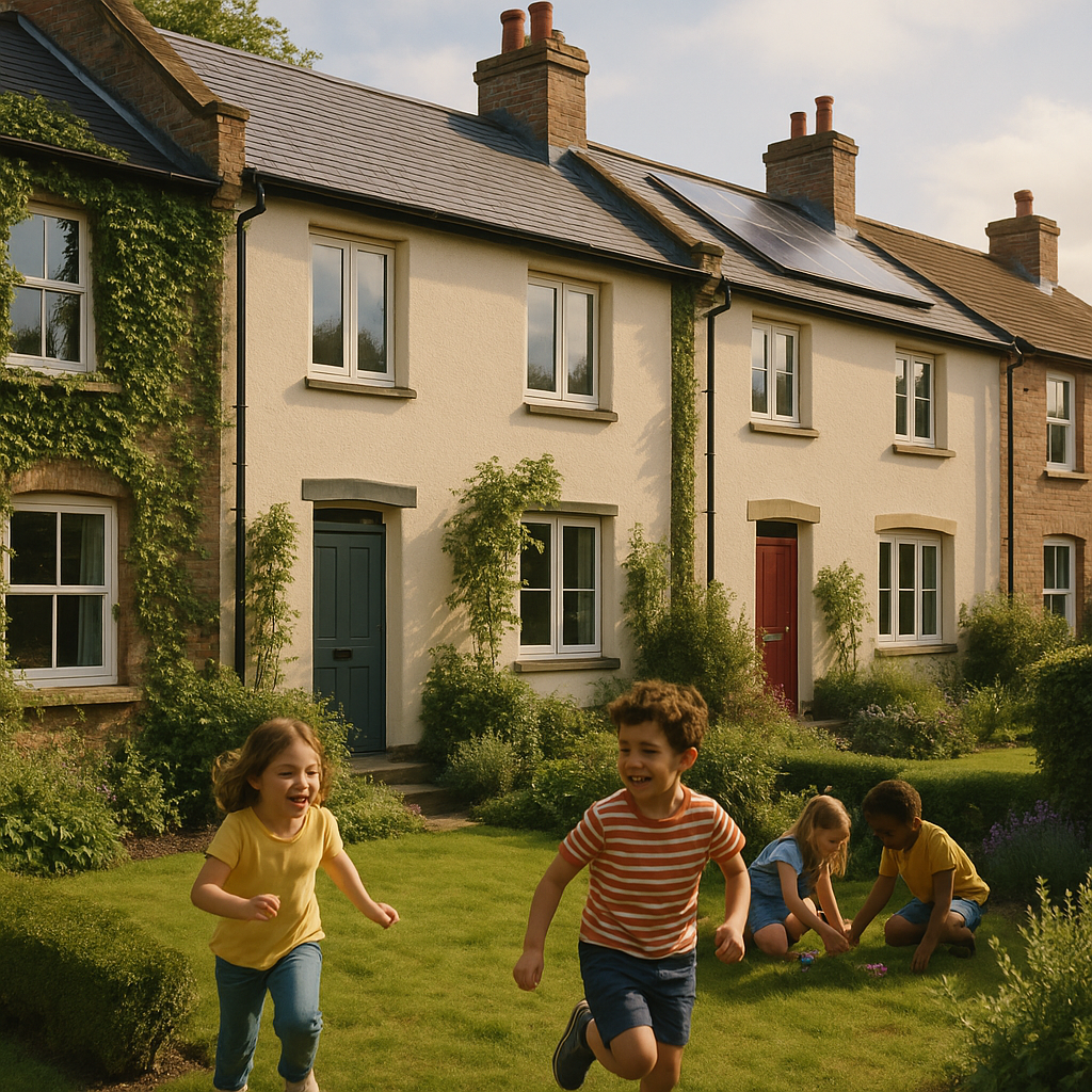 Street of greener homes with children playing in front gardens filled with plants and trees.