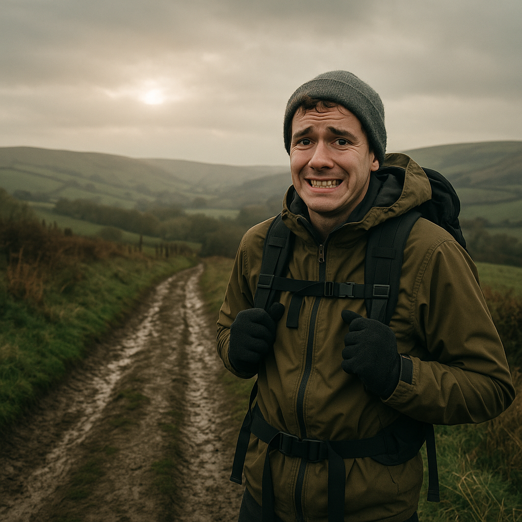 Nervous new walker starting out on a muddy countryside trail as part of a beginner’s guide to hiking in the UK