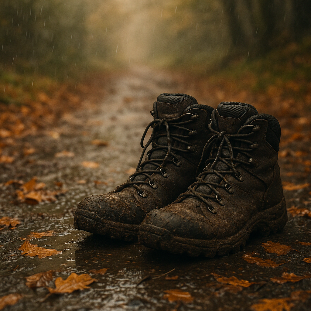 Muddy walking boots on a damp woodland path illustrating a beginner’s guide to hiking in the UK