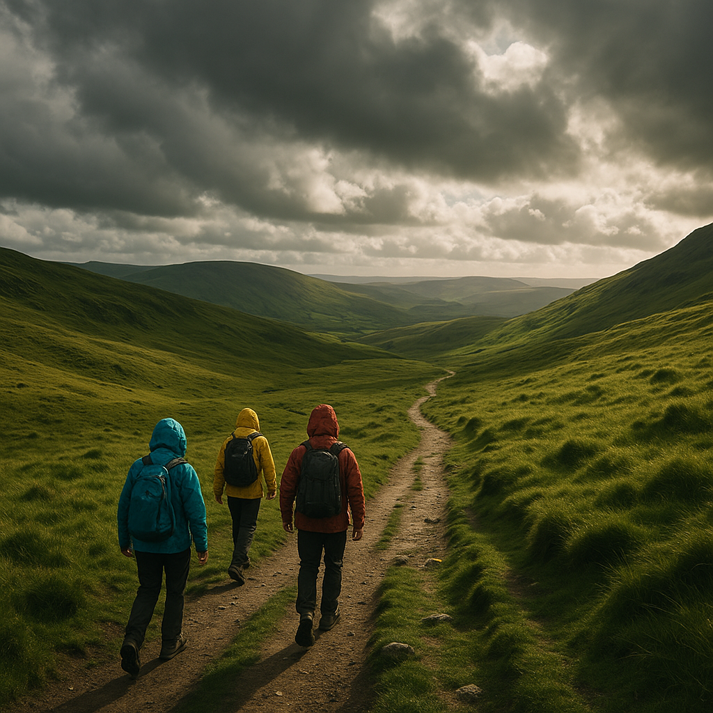 Small group of new walkers following an easy hill path as part of a beginner’s guide to hiking in the UK