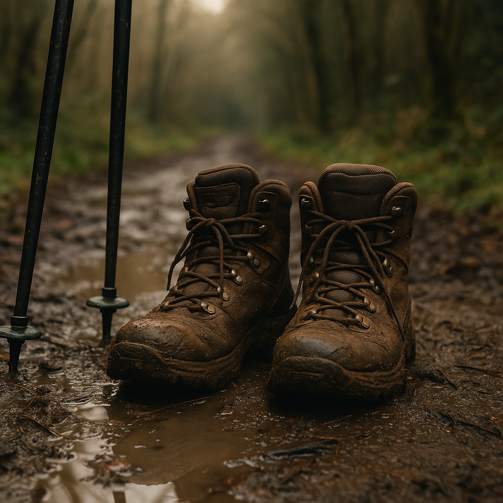 Muddy hiking boots on a forest path during a muddy walk in the British countryside