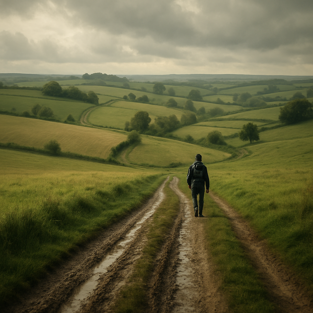 Rolling fields and muddy paths setting the scene for a muddy walk in the British countryside