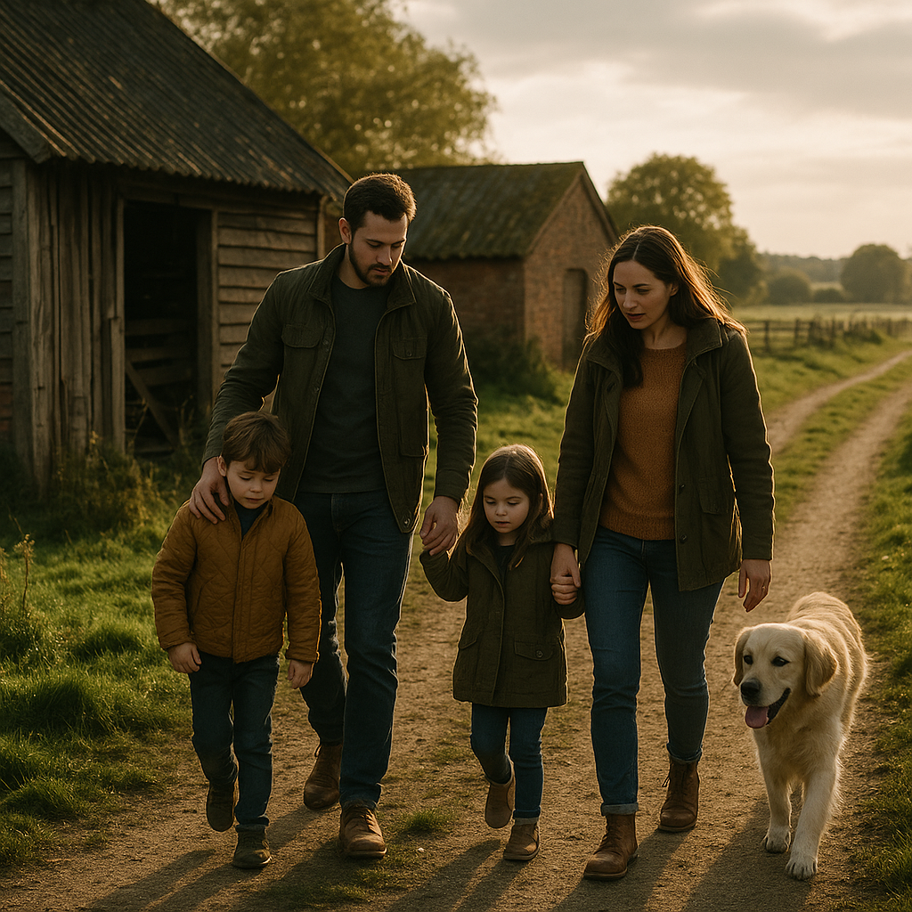 Family keeping children and dog on the path to practise old farm building safety near barns