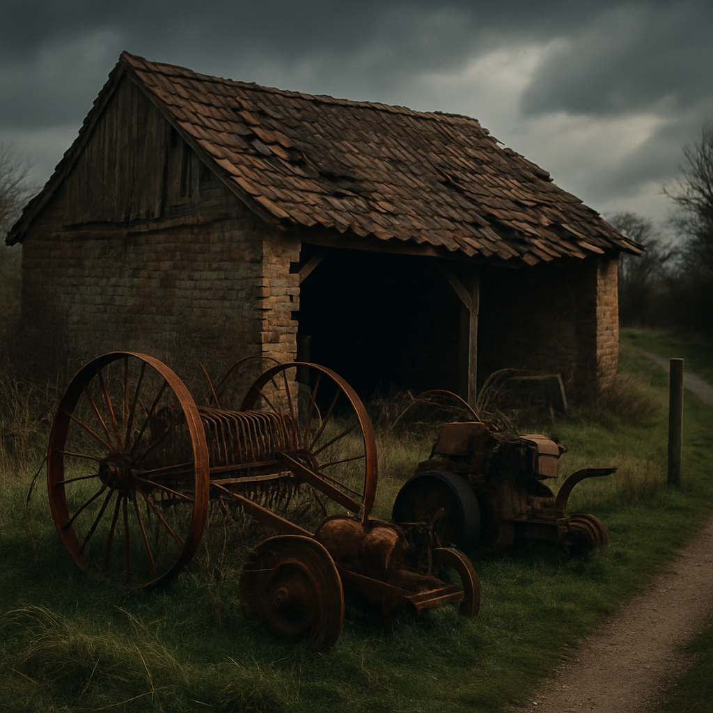Derelict shed and rusted machinery viewed from a path to highlight old farm building safety