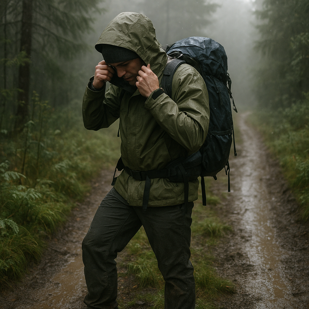 Hiker adjusting layers beside a wet woodland path during rainy day hiking in the UK