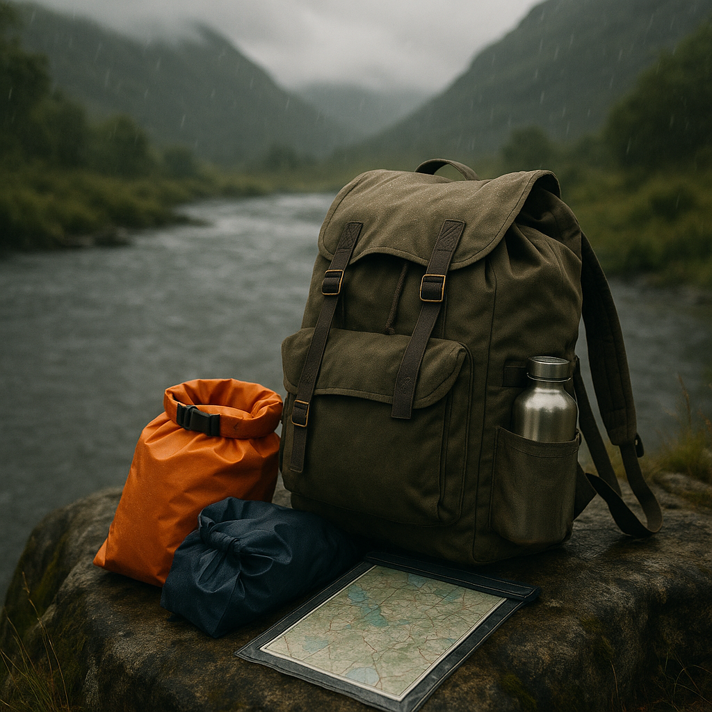 Backpack and dry kit laid out beside a rainy valley during rainy day hiking in the UK