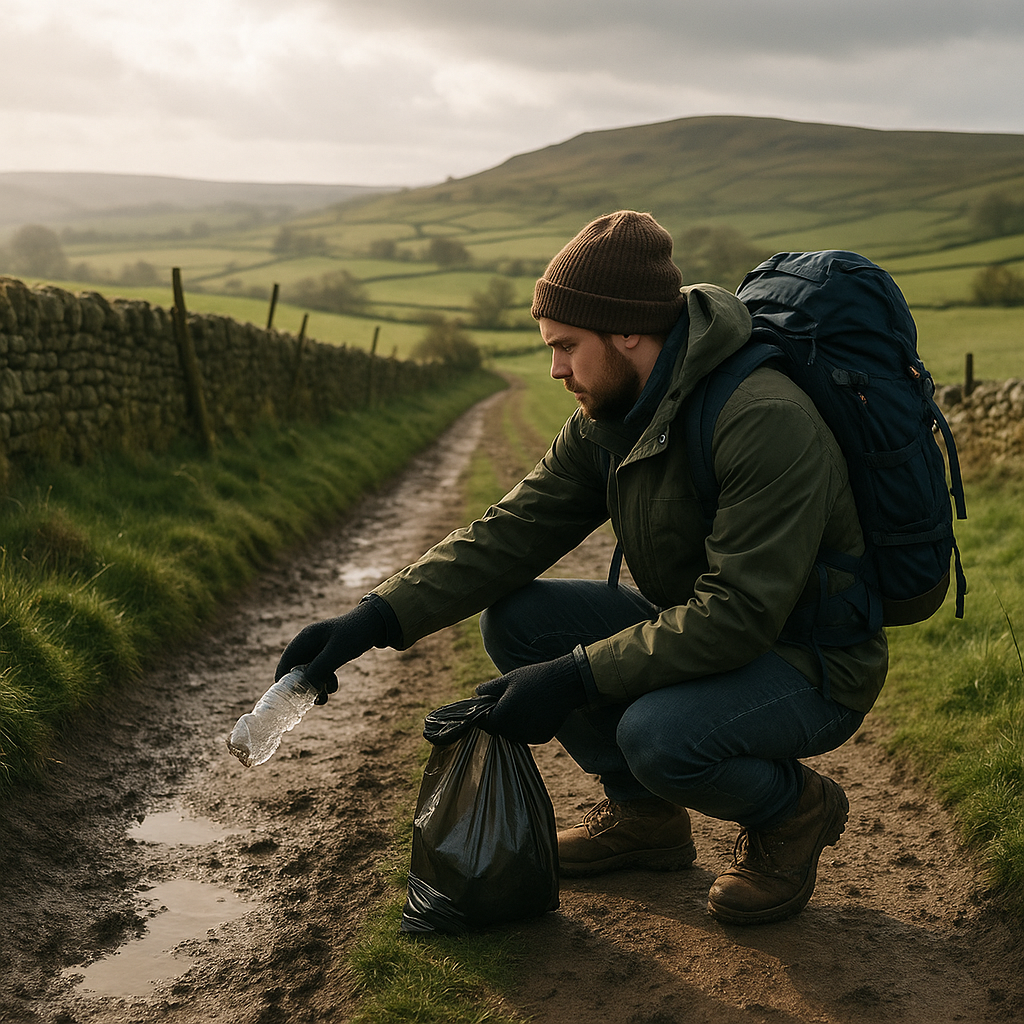 Walker tidying rubbish on a UK trail to follow leave no trace principles