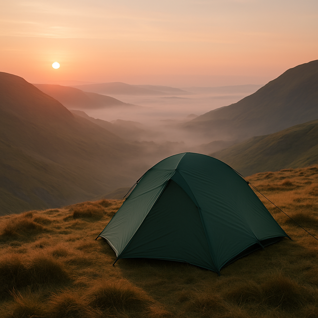Wild camper using a small tent in the hills while respecting leave no trace principles