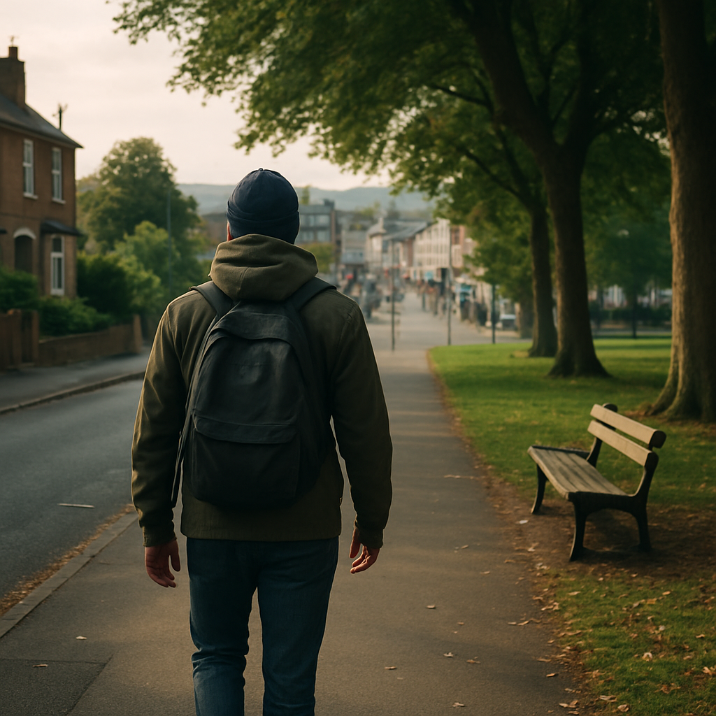 Person experiencing the benefits of walking to the high street through a green neighbourhood