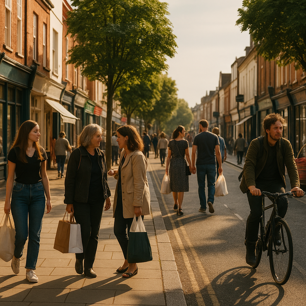 Busy UK high street scene showing the benefits of walking to the high street for people and the environment