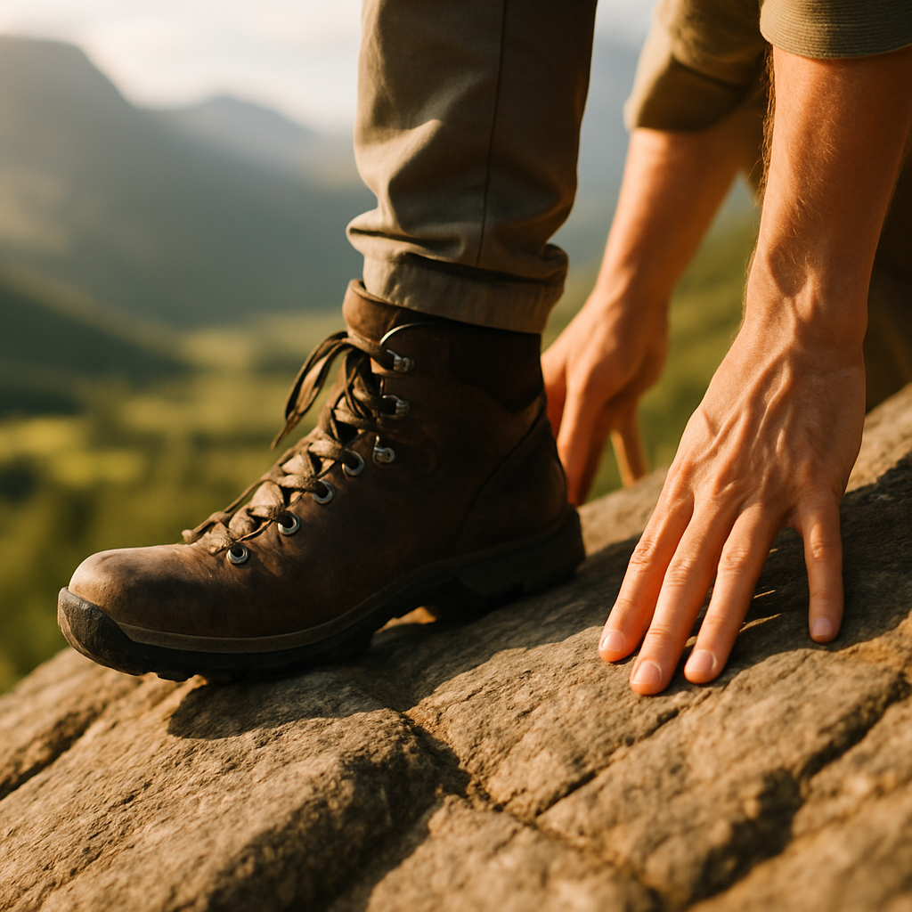 Hiker’s boots and hands demonstrating footwork for easy scrambling on mountain rock