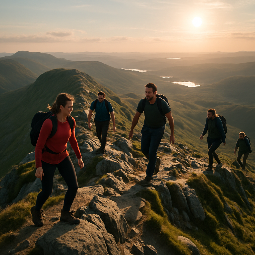 Group of walkers gaining confidence on an airy ridge practising easy scrambling