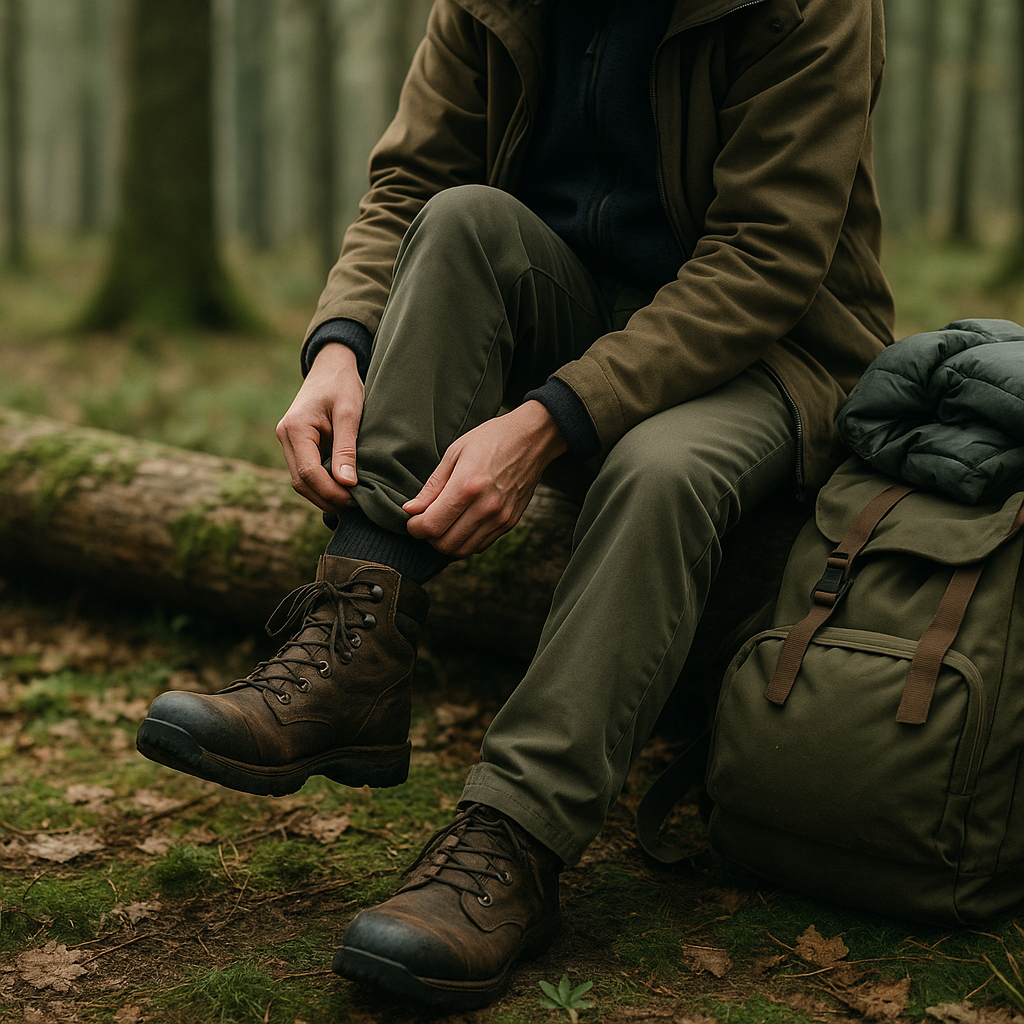 Walker in a forest adjusting boots and simple layers as part of their budget outdoor clothing