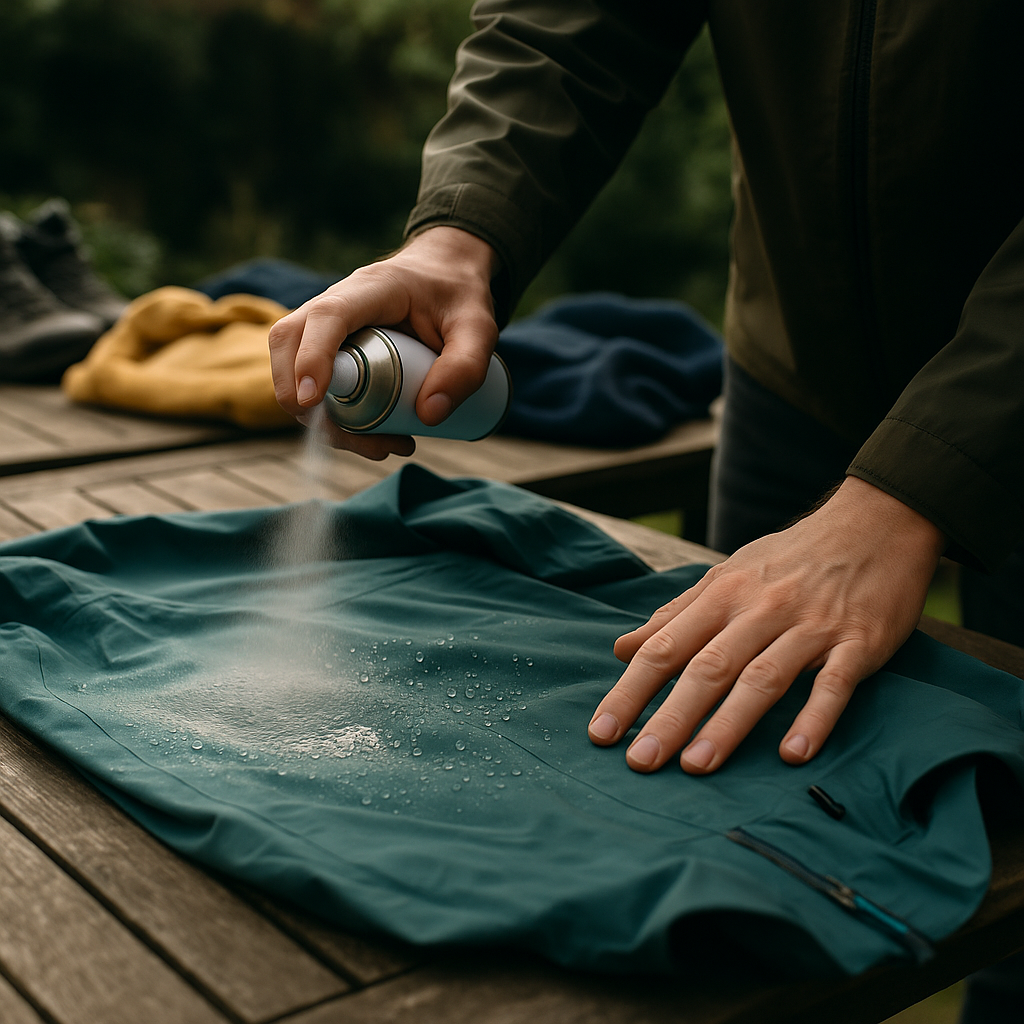 Outdoor enthusiast reproofing a waterproof jacket to refresh their budget outdoor clothing