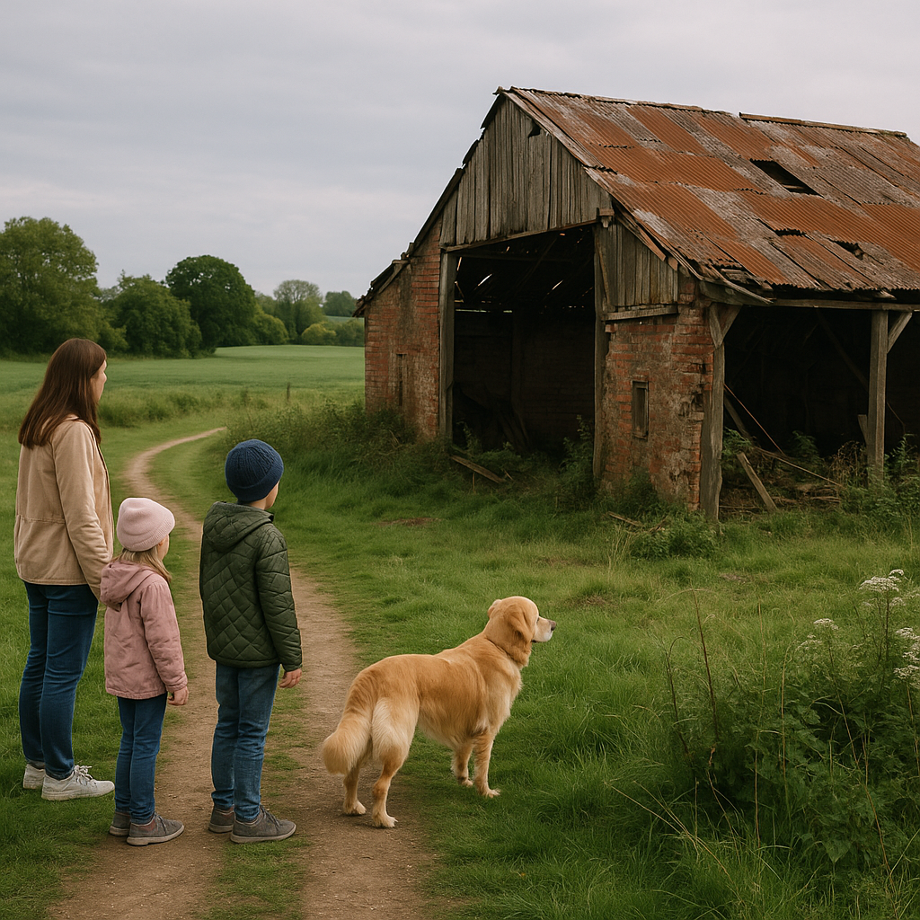 Family demonstrating country walk safety by keeping clear of a derelict farm building on a country path