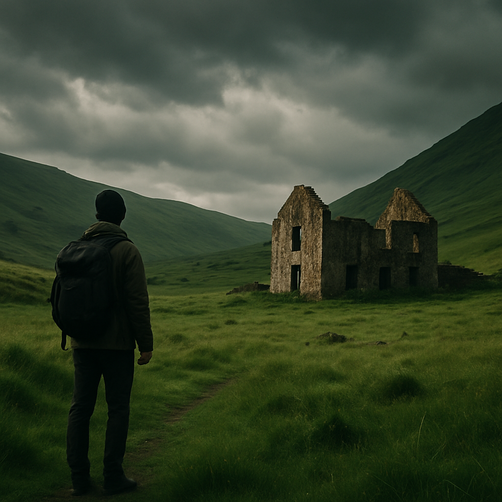 Lone walker applying country walk safety while admiring a ruined rural building from a distance