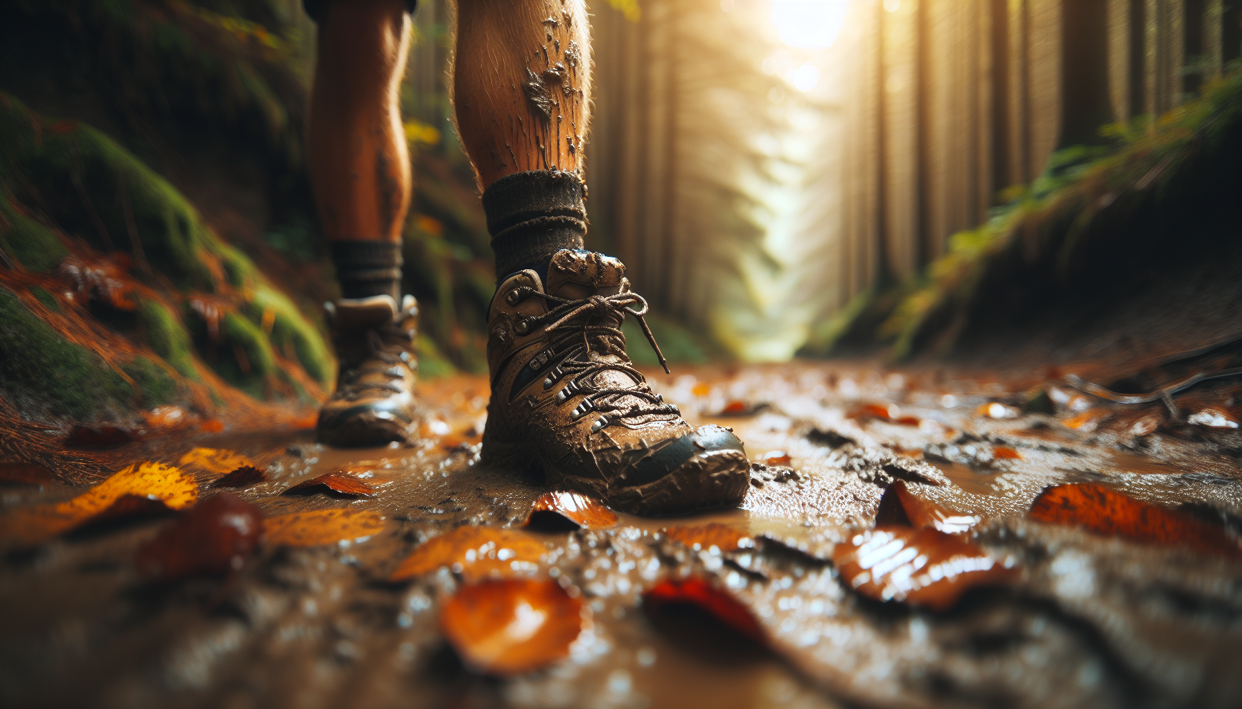Muddy hiking boots on a wet forest trail, representing the grounding physical experience of spending time outdoors for mental health