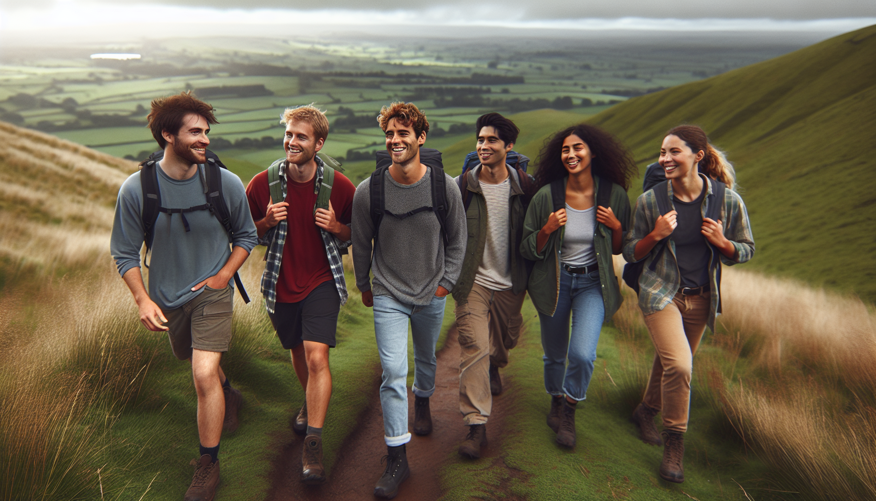 Group of friends hiking together on a hillside trail, showing the social and wellbeing benefits of the outdoors and mental health