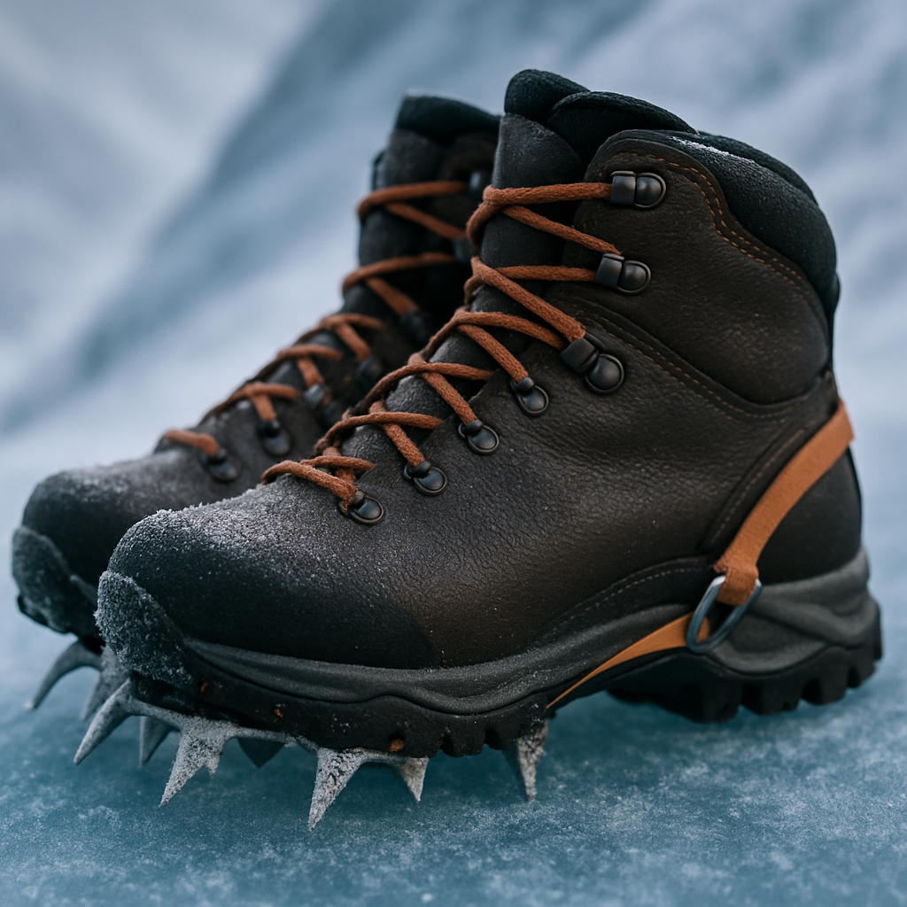 Close-up detail of winter hiking boots with crampon on hard-packed mountain ice