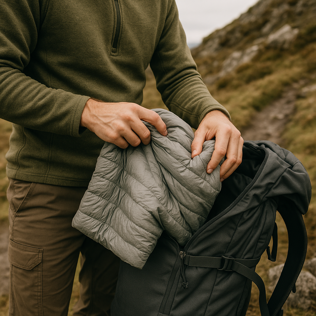Close-up of a mid layer being adjusted as part of the mountain layering system on a hillside