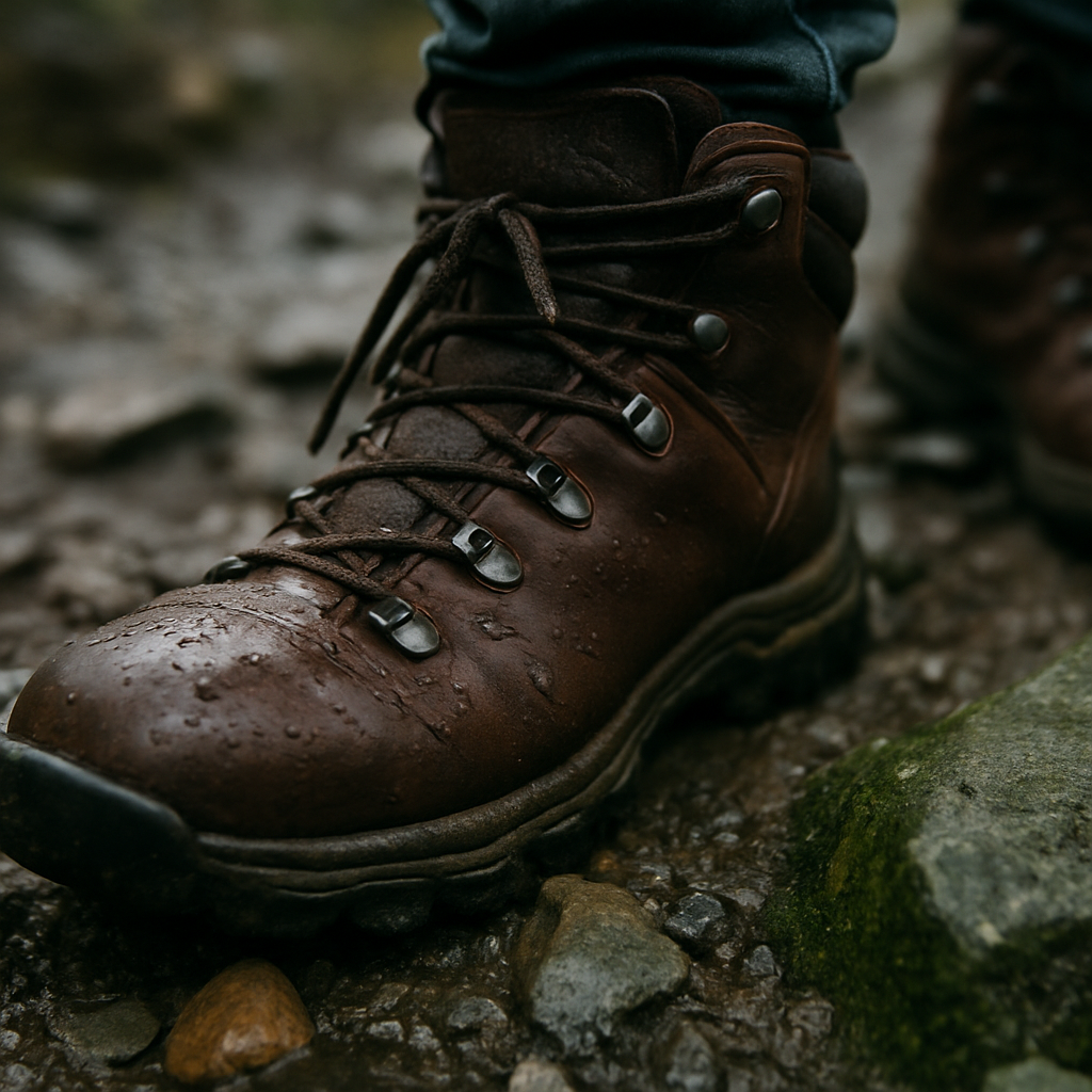 Close-up of hiking boots on muddy rocky trail during hiking training plan preparation