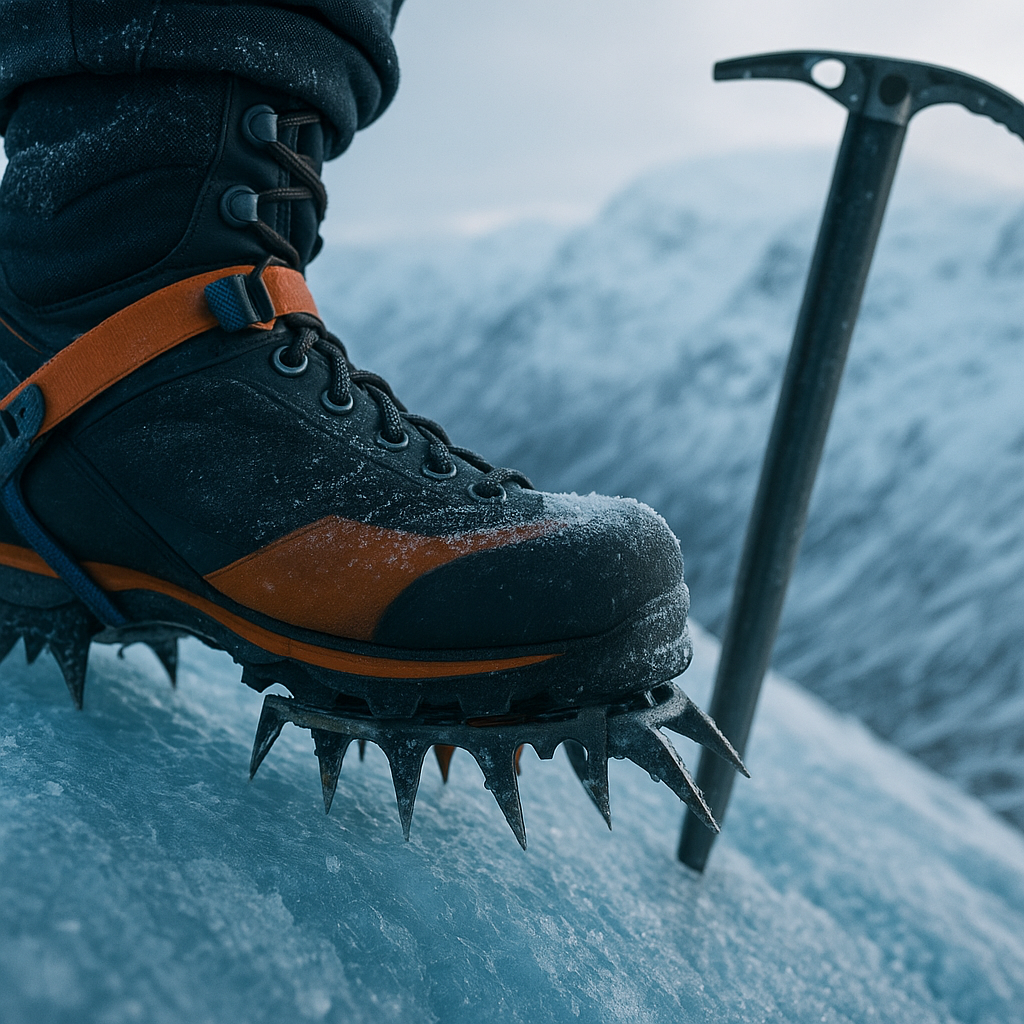 Crampons on ice during a Ben Nevis winter climb showing essential kit for the upper mountain