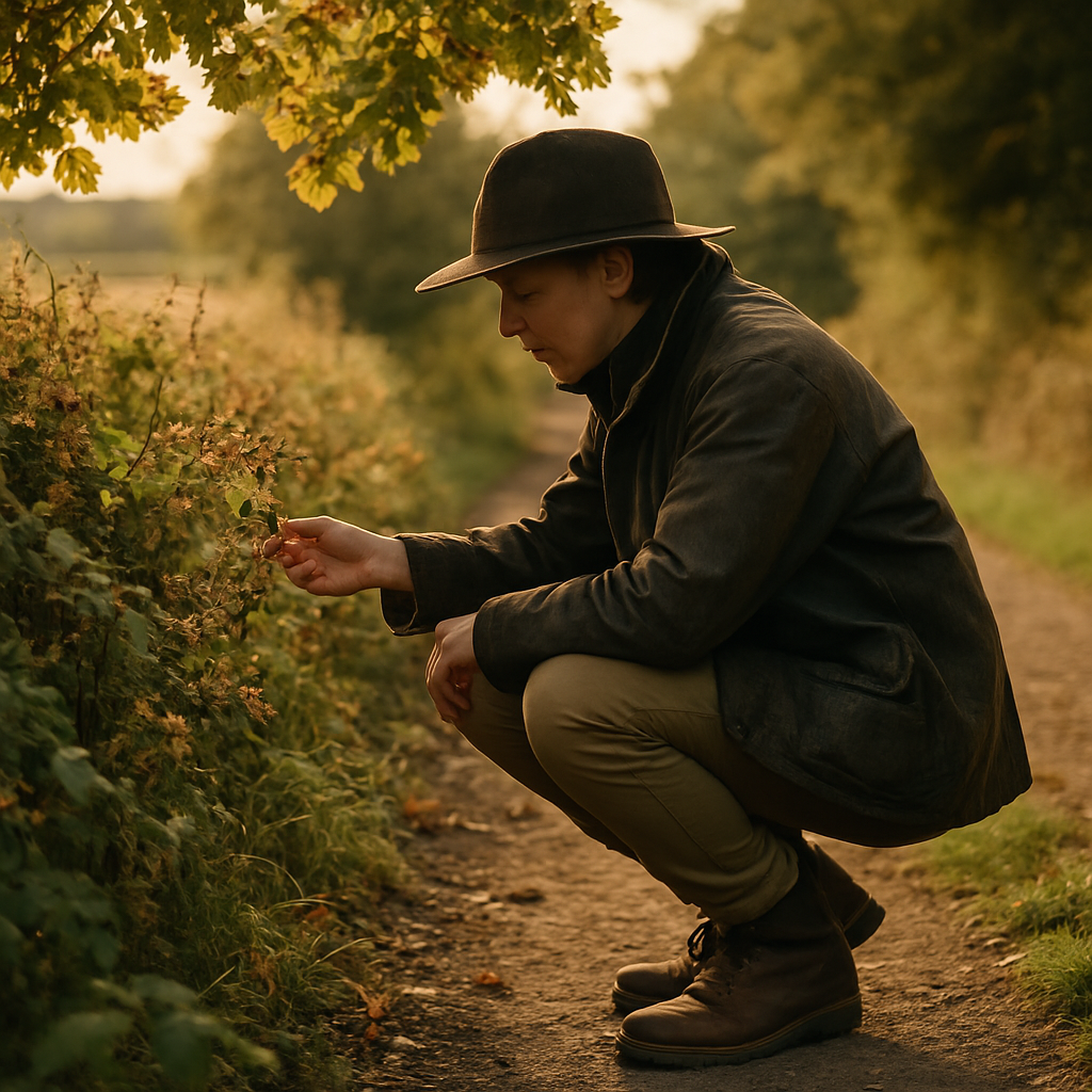 Hiker examining wild plants on a UK trail, ideal for foraging for beginners UK