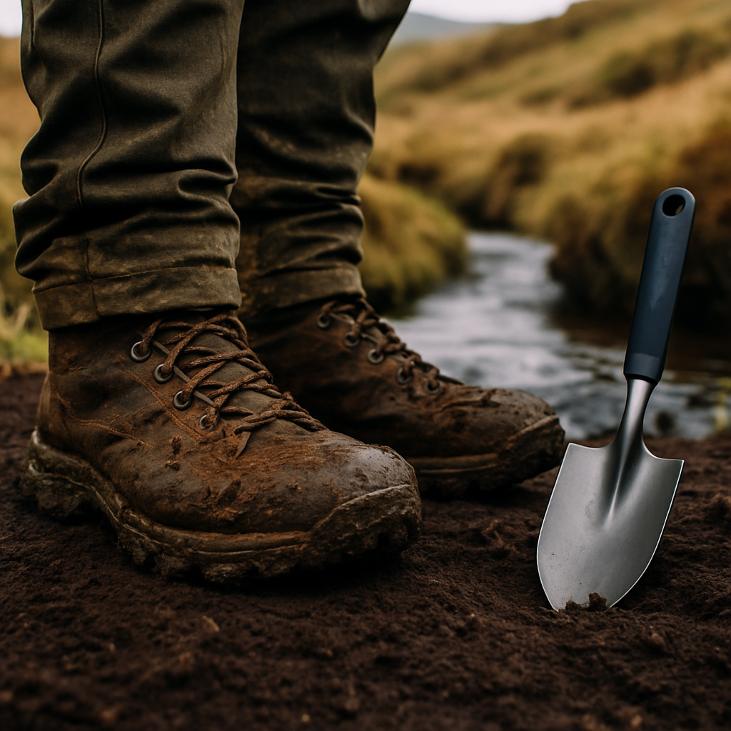 Muddy boots and trowel on upland peat soil illustrating leave no trace UK waste disposal practice