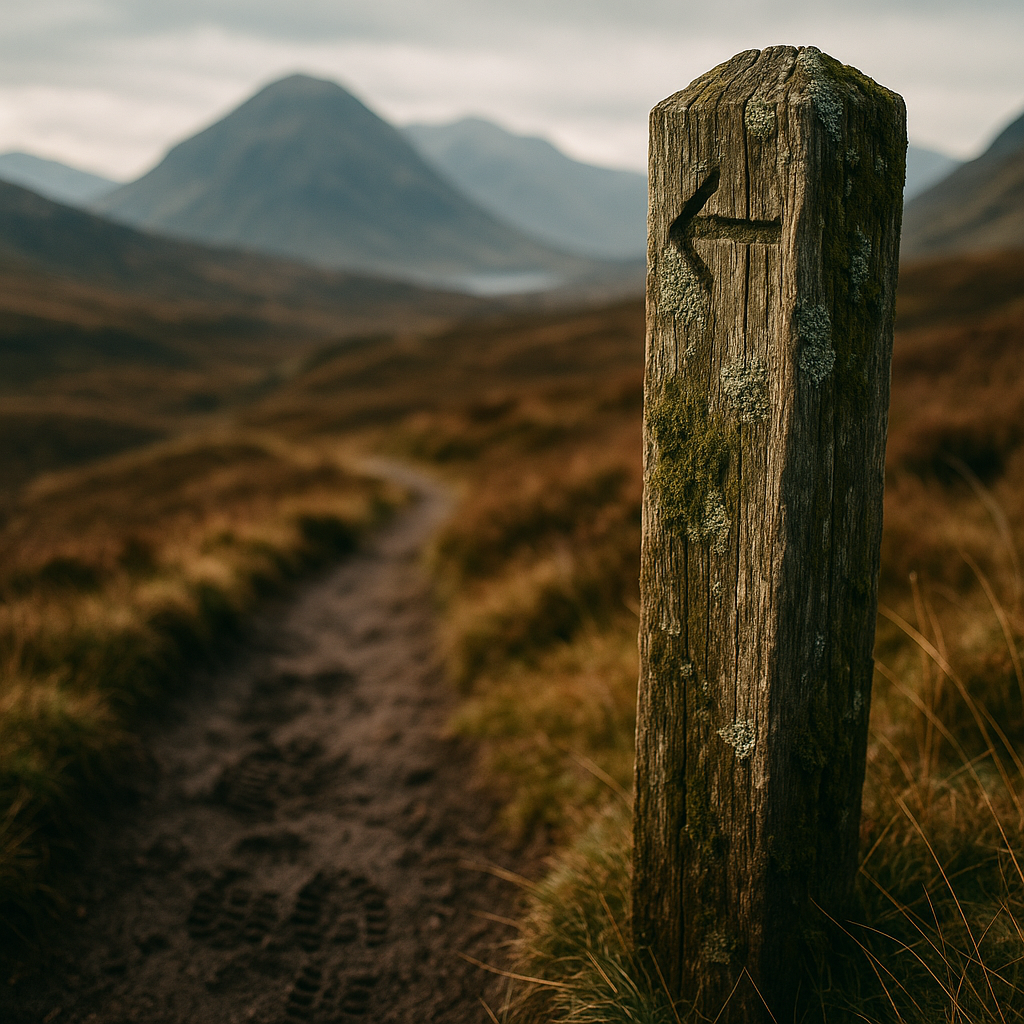 Weathered waymarker post on a Scottish Highland long distance walking route