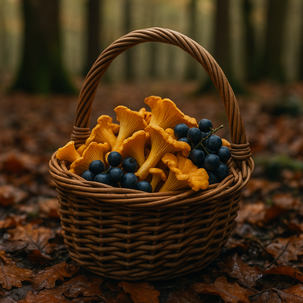 Wicker basket of chanterelle mushrooms and sloe berries foraged on a UK woodland walk