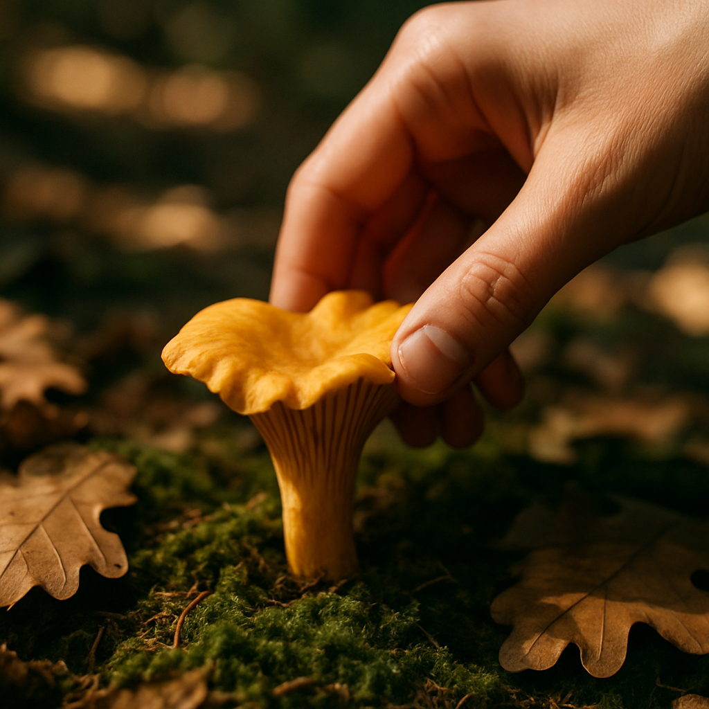 Close-up of chanterelle mushroom found during wild foraging on UK trails in woodland