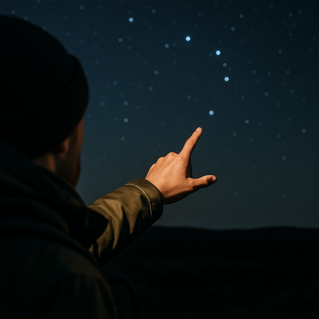 Close-up of hiker pointing at constellations to navigate using the stars hiking in the UK
