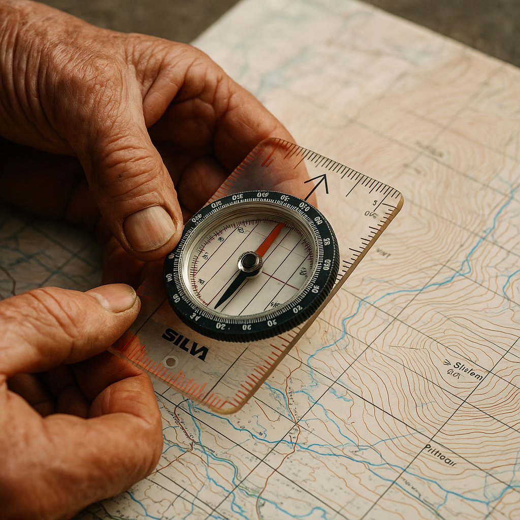 Compass on an OS map showing contour lines, a core hiking navigation skill for remote trails