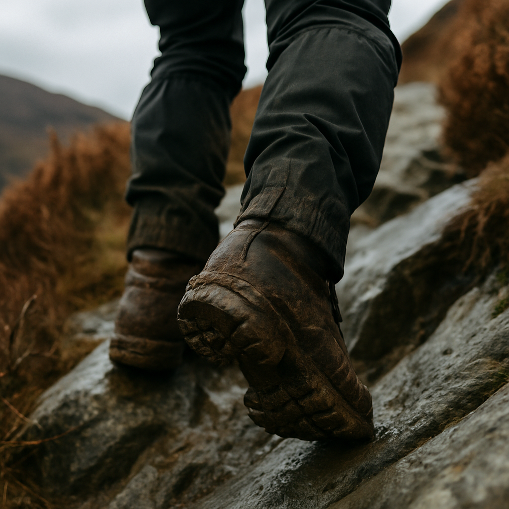 Muddy hiking boots on rocky ascent during long distance hike training in UK uplands