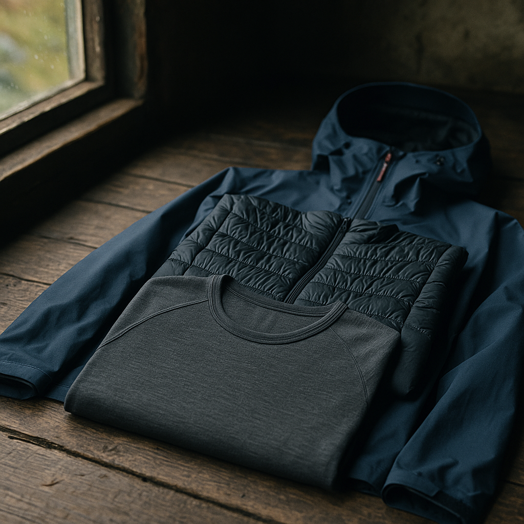 Three hiking layers for cold weather hiking laid out showing base mid and outer shell options