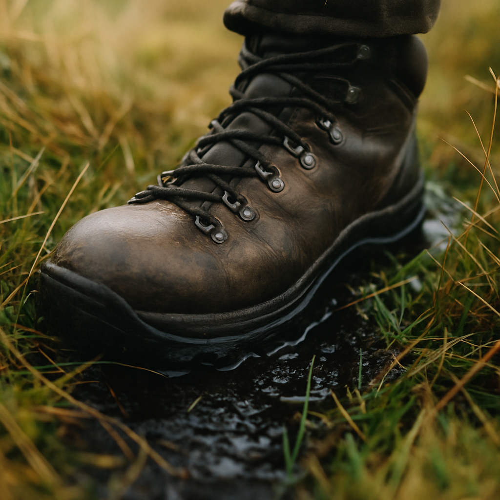 Waterproof hiking boot on wet Scottish moorland during a Munro bagging walk