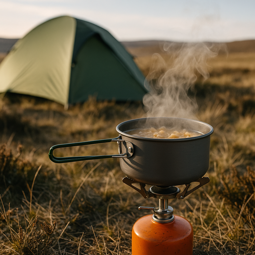 Budget trail meal cooking on moorland as part of budget backpacking trip planning