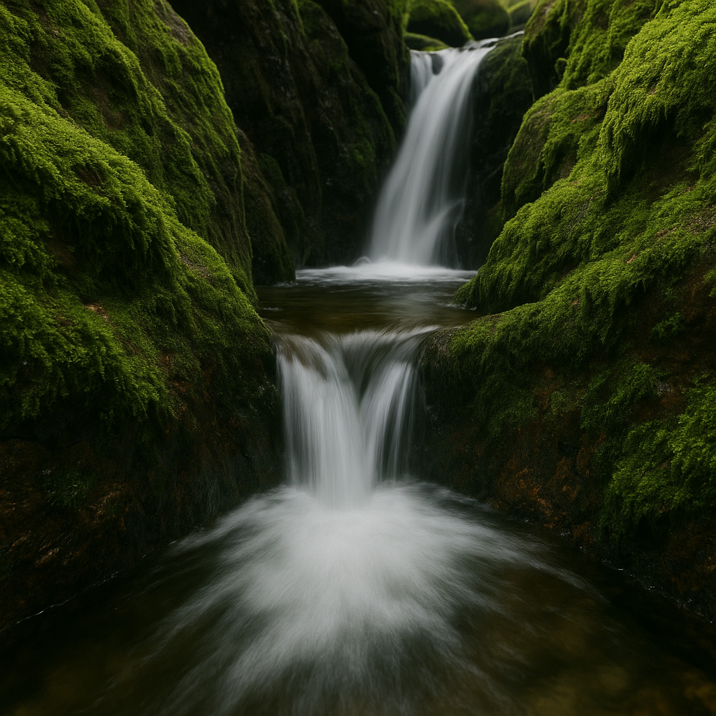 Close-up of a hidden waterfall in the Lake District with mossy rocks and smooth silky water